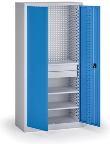 Policová dielenská skriňa 2-dverová, 3 police + 2 zásuvky, 1950 × 950 × 500 mm, modré dvere