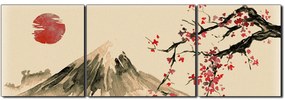 Obraz na plátne - Tradičné sumi-e obraz: sakura, slnko a hory - panoráma 5271FC (150x50 cm)