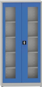 Zváraná policová skriňa s dverami s plexisklom, 1950 x 950 x 400 mm, sivá/modrá