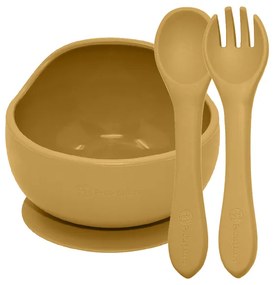 Set jedálenský silikónový TAKE&MATCH 2 ks miska + príbor Intense Ochre 6m+