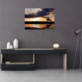 Obraz - Jazdec na koni pri západe slnka (70x50 cm)