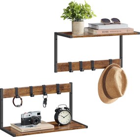 Nástenné plávajúce poličky 2 ks, s háčikmi, 50 x 24,2 x 26,5 cm, rustikálna hnedá
