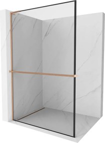 Mexen Kioto+ L, sprchová zástena Walk-In s poličkou a vešiakom 100 x 200 cm, 8mm číre sklo čierny vzor, medený matný profil, 800-100-123-65-70