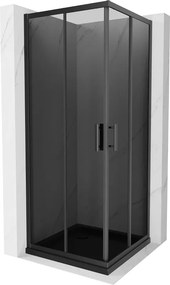 Mexen Rio, štvorcový sprchovací kút s posuvnými dverami 80(dvere) x 80(dvere) x 190 cm, 6mm šedé sklo, čierny profil + čierna sprchová vanička SLIM, 860-080-080-70-40-4070B
