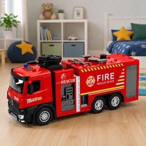 LEAN Toys Hasičské auto s funkciou striekania vody, kovová kabína, svetlá, zvuky, mierka 1:12
