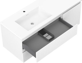 Mexen Rivel, kúpeľňová skrinka 120 cm s ľavým umývadlom Otis, 2S, 1D, drážkovaná, biela matná, 91A23-12047-3-BBFFF01-W18L01