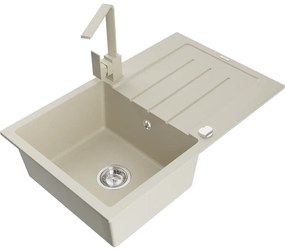 Mexen Bruno, drez granitový 795x495x200 mm, 1-komorový, béžová s chrómovým sifónom a béžovou drezovou batériou Rita, 6513-69-670300-69