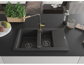 Mexen Gaspar, 1,5-komorový granitový drez 737x475x177 mm a drezová batéria Flora, čierna škvrnitá, 6507-76-670401-75-B