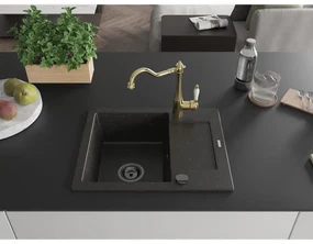 Mexen Enzo, granitový drez 576x465x174 mm, 1-komorový a drezová batéria Carla, čierna-zlatá metalíza, 6506-75-670700-50-B