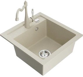 Mexen Vito, granitový drez 490x520x210 mm, 1-komorový a drezová batéria Carla, béžová, 6503-69-670700-69