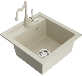 Mexen Vito, granitový drez 490x520x210 mm, 1-komorový a drezová batéria Carla, béžová, 6503-69-670700-69