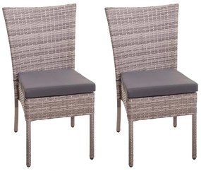 Set 2 záhradných stoličiek HWC-G19, polyratan, stohovateľná - sivo-hnedé, vankúše tmavo sivé