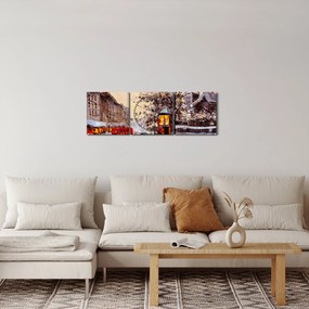 Obraz - Maľba zimného mesta (s hodinami) (90x30 cm)