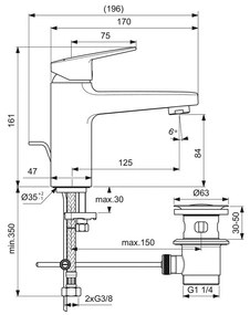 Ideal Standard Ceraplan - Umývadlová batéria Grande s laminárnym prúdom s kovovou odtokovou garnitúrou, chróm BD232AA