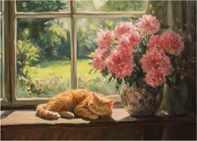 Sklenený obraz - Mačka na okne (70x50 cm)