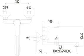 Mereo Zuna, drezová nástenná batéria, 150 mm, s ramienkom plochým rovným 300 mm, chróm, MER-CB30206Z