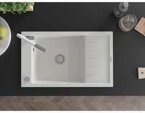 Mexen Elias, 1-komorový granitový drez 795x480x200 mm a drezová batéria Flora, biela, 6511-20-670401-02