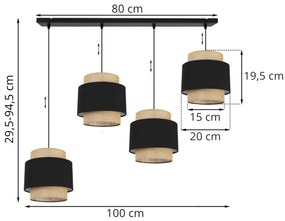 Závesné svietidlo Boho, 4x jutové/čierne textilné tienidlo