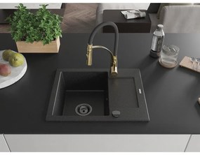 Mexen Enzo, 1-komorový granitový drez 576x465x174 mm a drezová batéria Aster, čierna-strieborná metalíza, 6506-73-73450-57-B