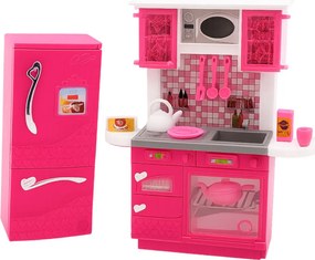 LEAN Toys Kuchynská súprava pre bábiky s chladničkou, rúrou a príslušenstvom, ružová