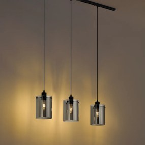 Modern railsysteem zwart met 3 hanglampen van smoke glas 1-fase - Iconic Dome