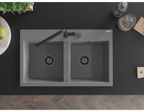 Mexen Hektor, 2-komorový granitový drez 800x480x205 mm, šedá, grafitový sifón, 6521802000-71-B