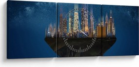 Obraz - Veľkomesto plávajúce priestorom (s hodinami) (90x30 cm)