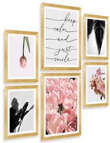 Gario Sada plagátov Rastlinná abstrakcia - 6 dielna Farba rámu: Zlatá, Veľkosť: 85 x 92 cm
