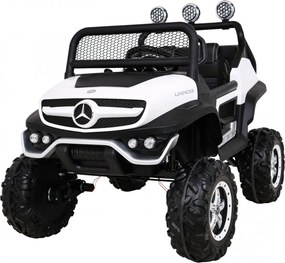 Ramiz Mercedes Benz Unimog elektrické autíčko pre deti biele + pohon 4x4 + diaľkové ovládanie + nosič batožiny + pomalý štart + MP3 + LED