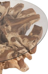 Prírodný coffee stôl z teakového dreva a sklenenou doskou na kmeni Raoul teak - Ø90*45cm