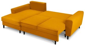 Menčestrová rozkladacia/s úložným priestorom rohová pohovka v horčicovej farbe (ľavý roh/s leňoškou) Kyoto – Cosmopolitan Design