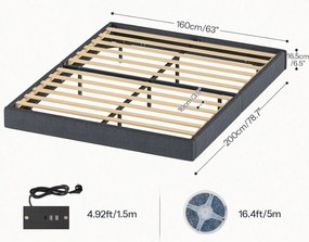 Dvoulůžková postel Timaro 160x200 s nabíjecí stanicí a LED osvětlením šedá