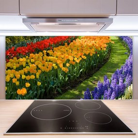 Sklenený obklad Do kuchyne Kvety záhrada tulipány 140x70 cm