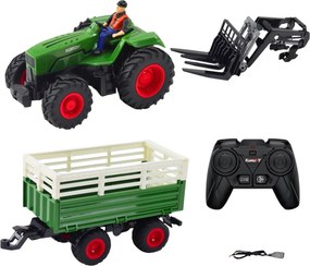 LEAN Toys Poľnohospodársky traktor s prívesom a vidlicami, diaľkovo ovládaný RC 2,4 GHz