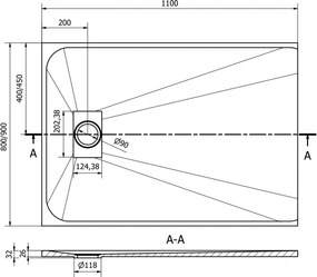 Mexen Hugo, obdĺžniková sprchová vanička SMC 110 x 80 cm, biela, čierna krytka, 42108011-B