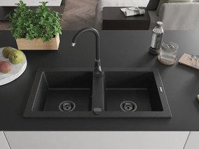 Mexen Mario, granitový drez 820x436x161 mm, 2-komorový, čierna-strieborná metalíza s čiernym sifónom, 6504822000-73-B