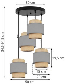 Závesné svietidlo BOHO 1, 4x jutové/sivé textilné tienidlo, O