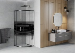 Mexen Rio, štvrťkruhový sprchovací kút s posuvnými dverami 90 (dvere) x 90 (dvere) x 190 cm, 5mm číre sklo s pásikmi, čierny profil, 863-090-090-70-20