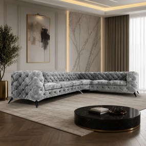 ROHOVÁ SEDAČKA CHESTERFIELD LARISSA PRAVÁ - ĽAVÁ SIVÁ SEMIŠOVÁ LÁTKA 323 X 264 cm
