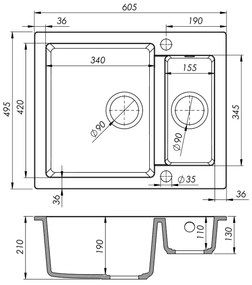 Sink Quality Ferrum, kuchynský granitový drez 605x495x210 mm + čierny sifón, čierna škvrnitá-BROCADE, SKQ-FER.B.5KBO.XB