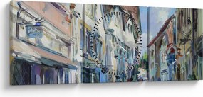 Obraz - Ulička starého mesta, akrylová maľba (s hodinami) (90x30 cm)