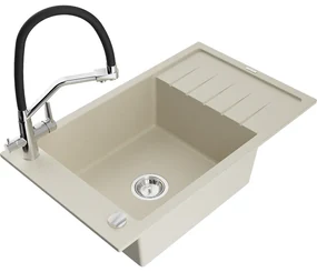 Mexen Elias, 1-komorový granitový drez 795x480x200 mm a drezová batéria Duo, béžová, 6511-69-671701-07