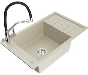 Mexen Elias, 1-komorový granitový drez 795x480x200 mm a drezová batéria Duo, béžová, 6511-69-671701-07