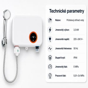 Prietokový ohrievač vody 3500 W so sprchou - biely