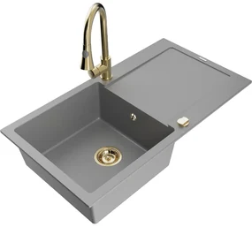 Mexen Leo, 1-komorový granitový drez 900x500x190 mm a drezová batéria Elia, šedá, 6501-71-670101-50