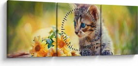 Obraz mačiatka pozerajúce sa na kvetinu (s hodinami) (90x30 cm)