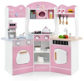 Drevená rohová hracia kuchynka so zvukom ľahký kávovar Hracia súprava do kuchynky pre batoľa šmykľavka Ružová
