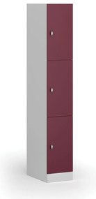 Šatníková skrinka S1 s úložnými boxmi, 3 boxy, 1850 x 300 x 500 mm, demont, otočný zámok, červené dvere