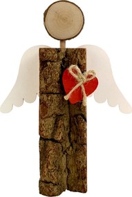 AMADEA Drevený anjel s kôrou s bielymi krídlami a čeveným srdcom, masívne drevo, 16x14,5x3 cm