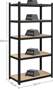 Regál s vysokou nosnosťou, 5-úrovňová polica, max. nosnosť 875 kg, čierny